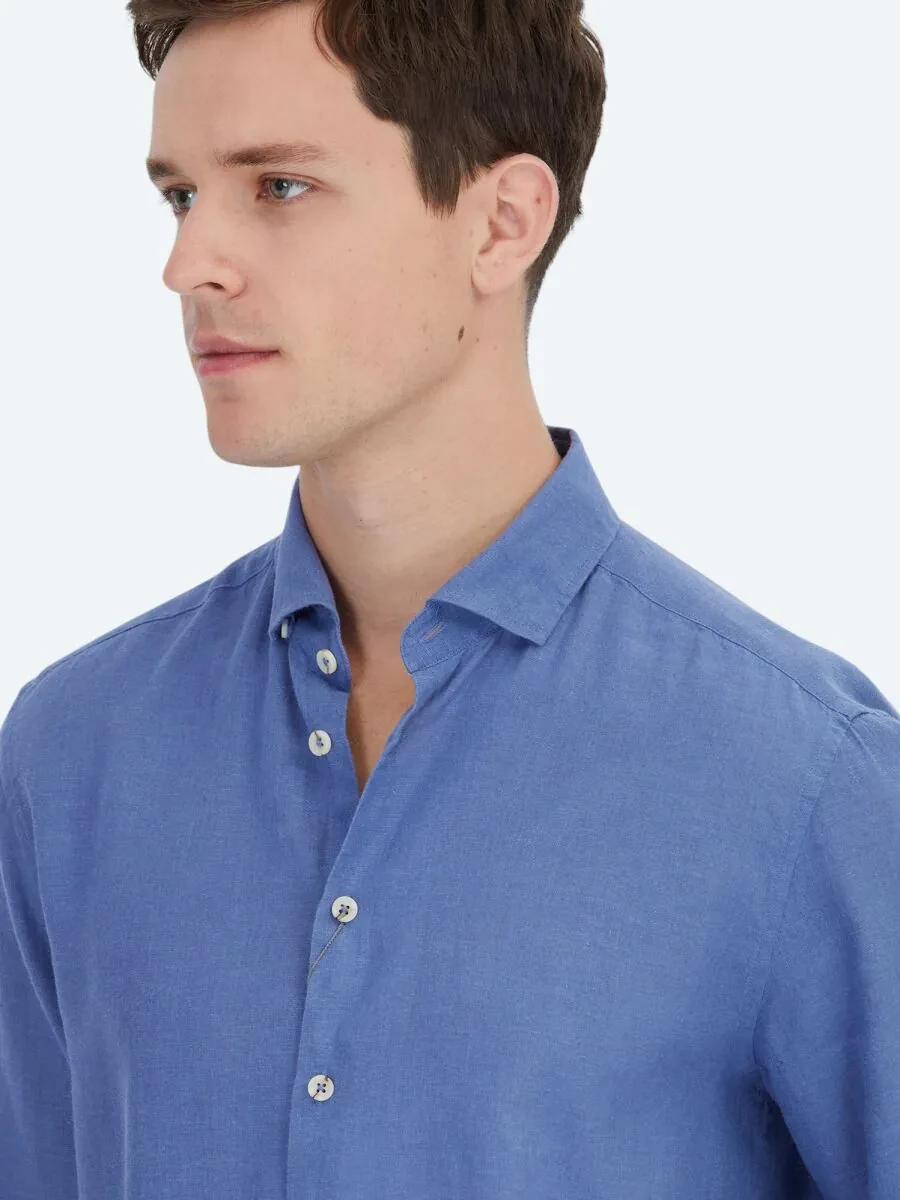 Light Blue Plain Weaving Casual Cotton Blended Shirt - 5