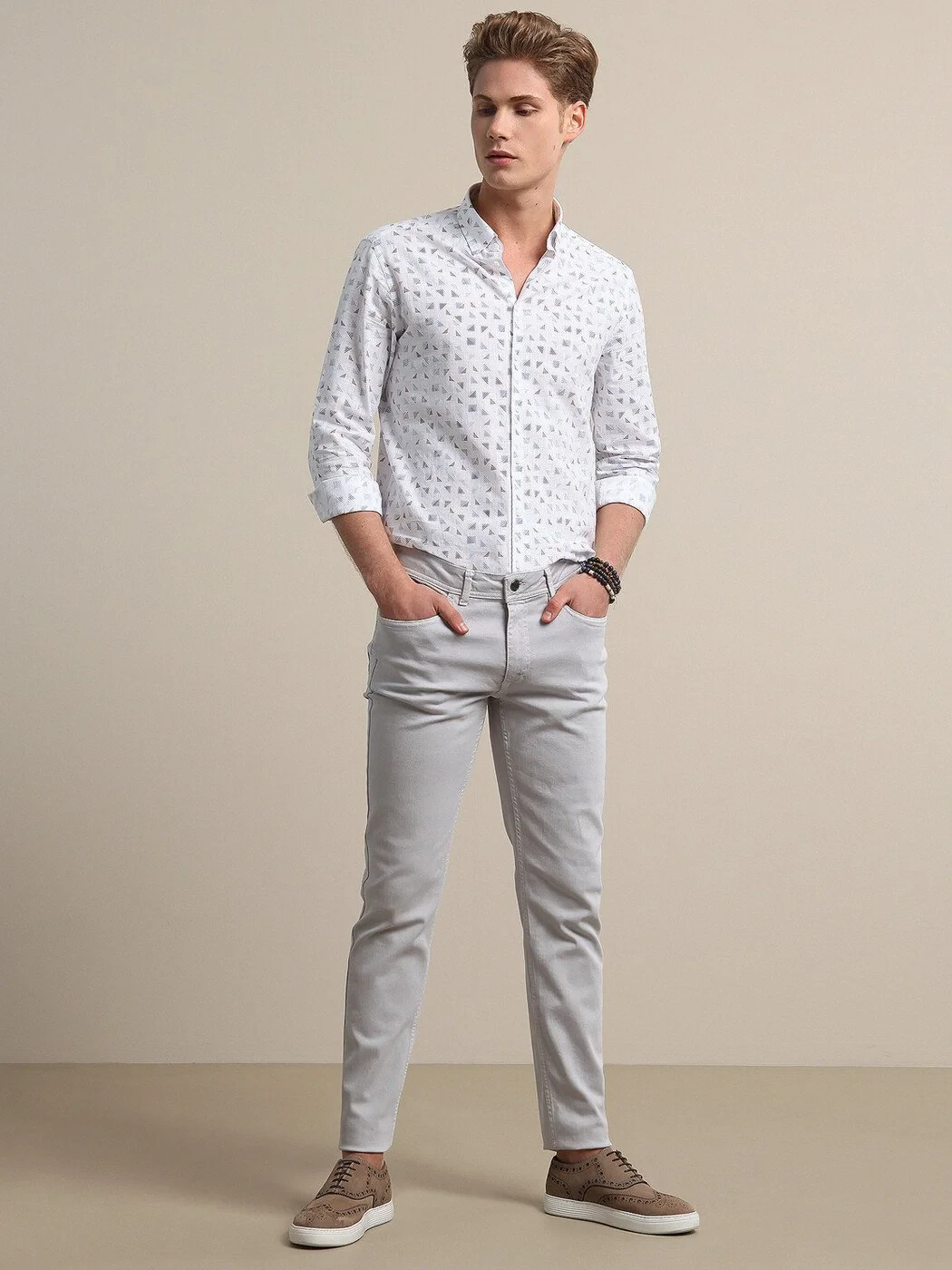 Light Blue Printed Regular Fit Weaving Casual 100% Cotton Shirt - 1