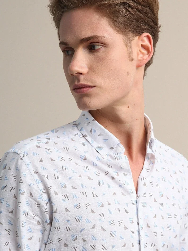 Light Blue Printed Regular Fit Weaving Casual 100% Cotton Shirt - 3