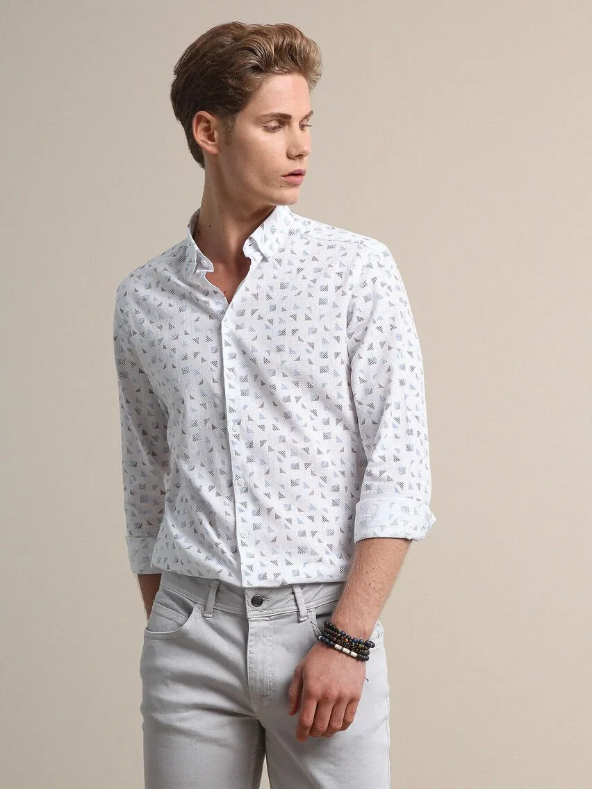 Light Blue Printed Regular Fit Weaving Casual 100% Cotton Shirt - 4