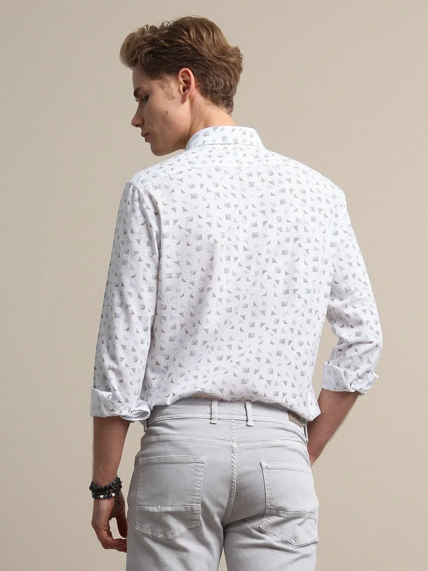 Light Blue Printed Regular Fit Weaving Casual 100% Cotton Shirt - 5