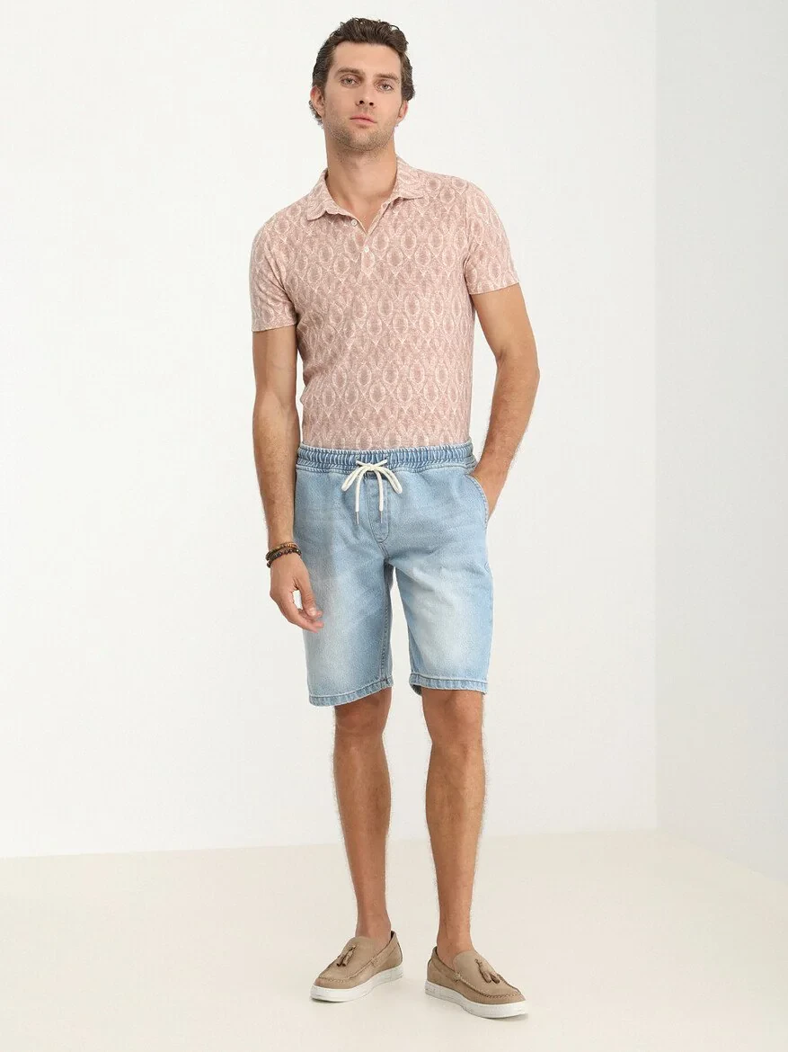 Light Blue Slim Fit Denim 100% Cotton Bermuda - 2