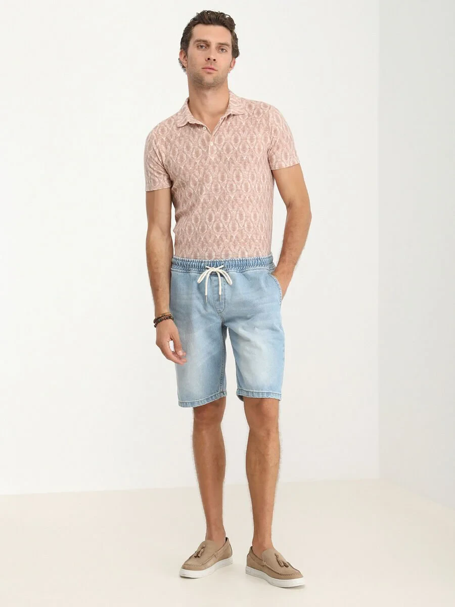 Light Blue Slim Fit Denim 100% Cotton Bermuda - 2