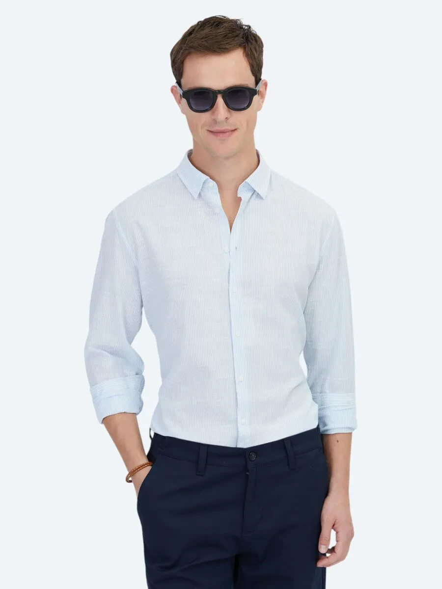 Light Blue Striped Regular Fit Weaving Casual Cotton Blended Shirt - 1