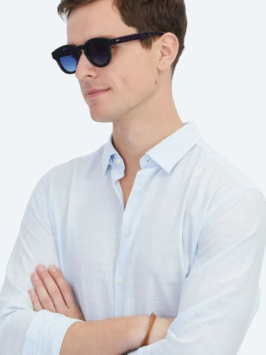 Light Blue Striped Regular Fit Weaving Casual Cotton Blended Shirt - 3