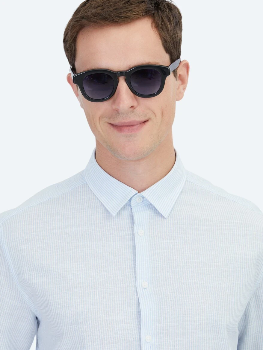 Light Blue Striped Regular Fit Weaving Casual Cotton Blended Shirt 