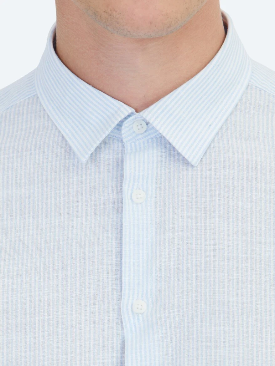 Light Blue Striped Regular Fit Weaving Casual Cotton Blended Shirt - 5
