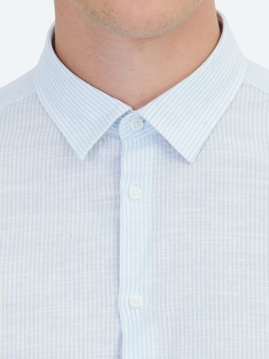 Light Blue Striped Regular Fit Weaving Casual Cotton Blended Shirt - 5
