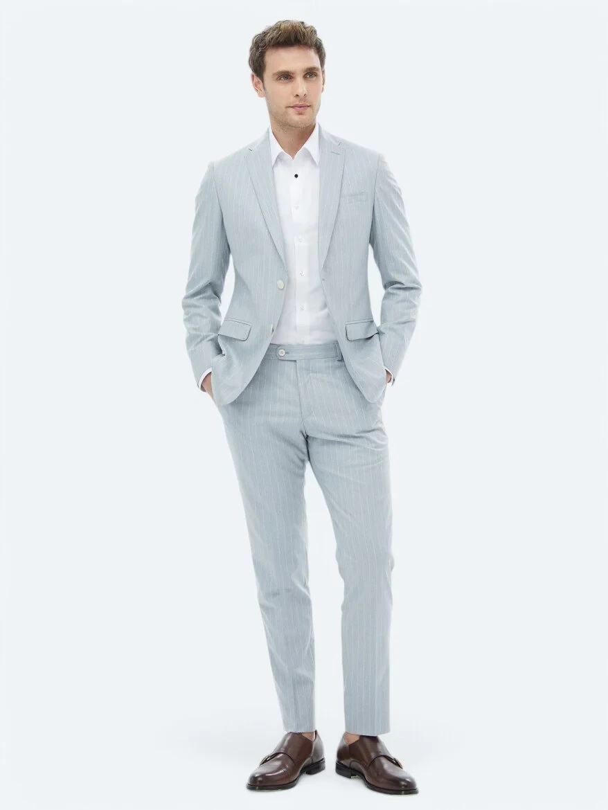 Light Blue Striped Slim Fit Suit - 7