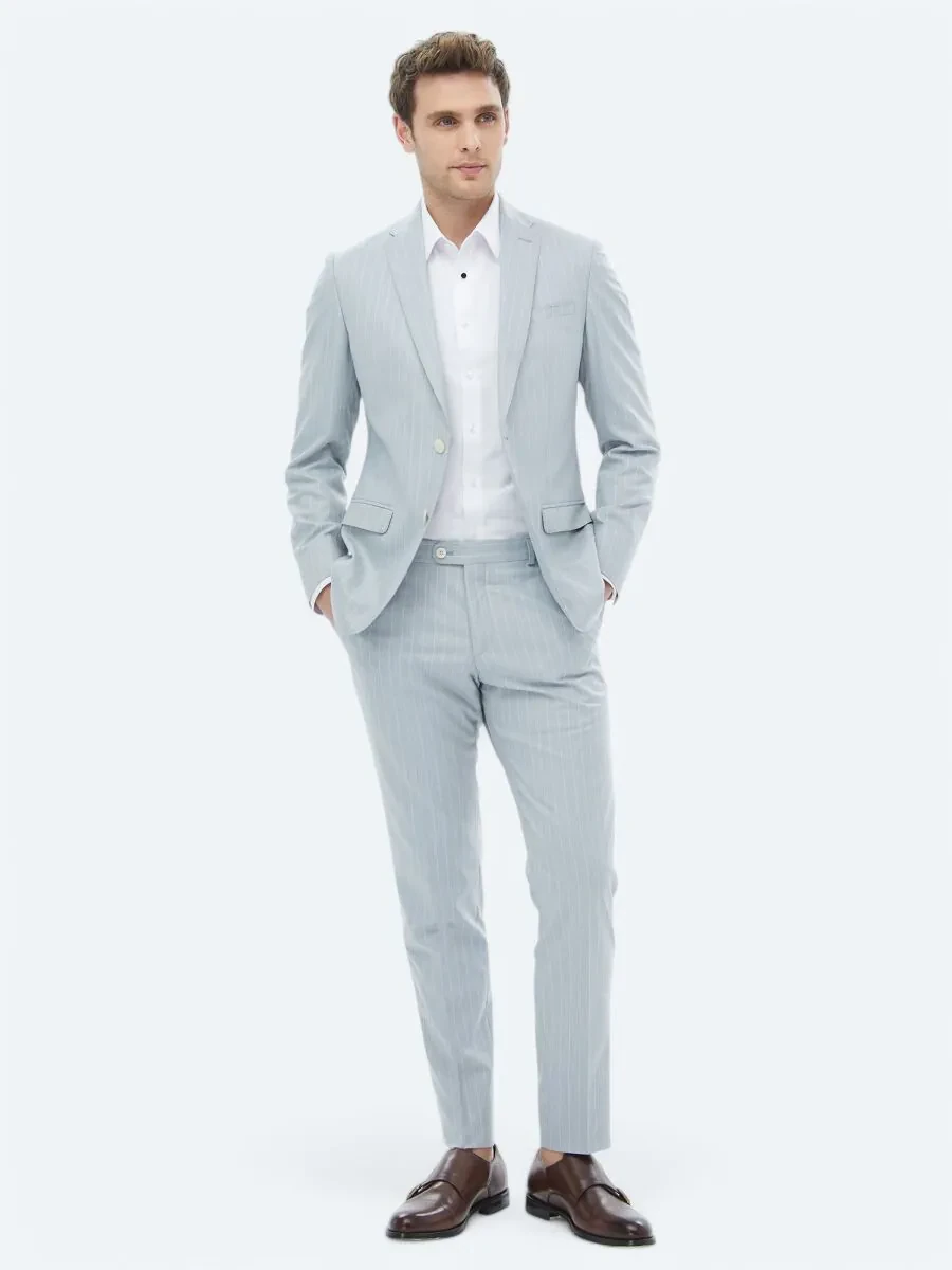 Light Blue Striped Slim Fit Suit - 7