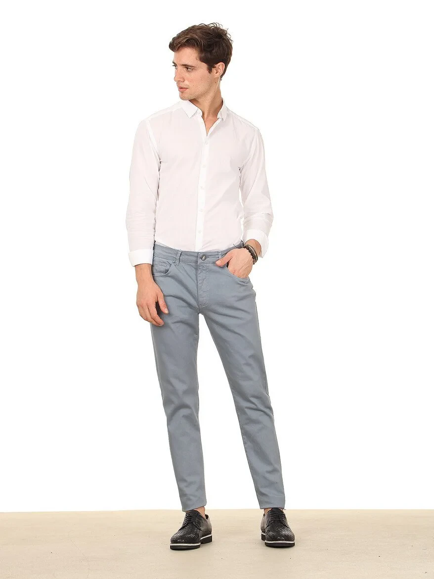 Light Blue Weaving Regular Fit Casual Cotton Blended Trousers - 2