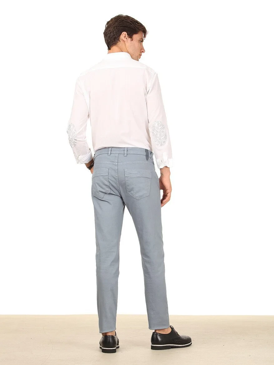 Light Blue Weaving Regular Fit Casual Cotton Blended Trousers - 4
