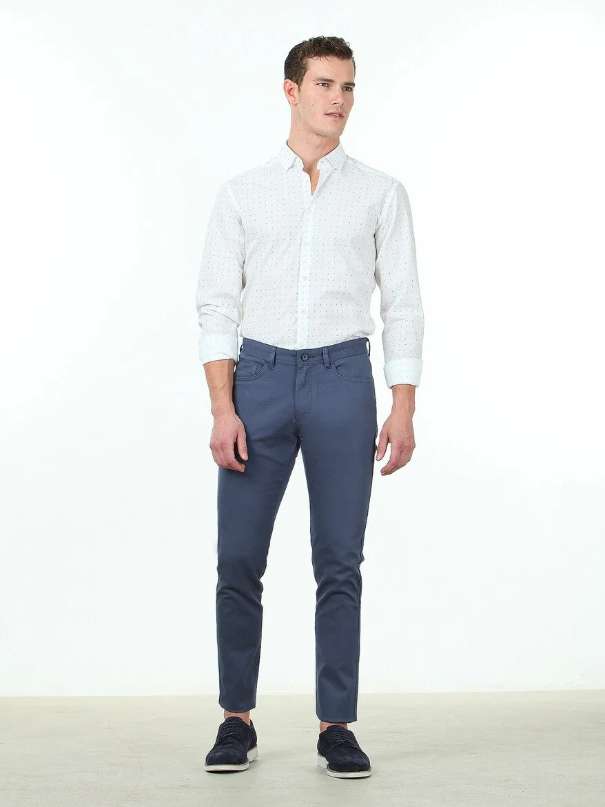 Light Blue Weaving Slim Fit Casual Cotton Blended Trousers - 1