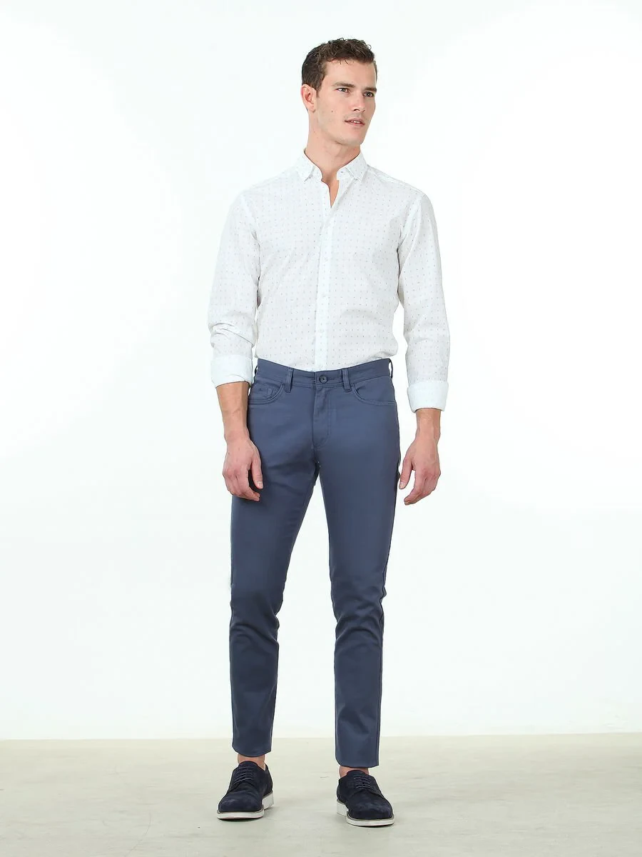 Light Blue Weaving Slim Fit Casual Cotton Blended Trousers - 1