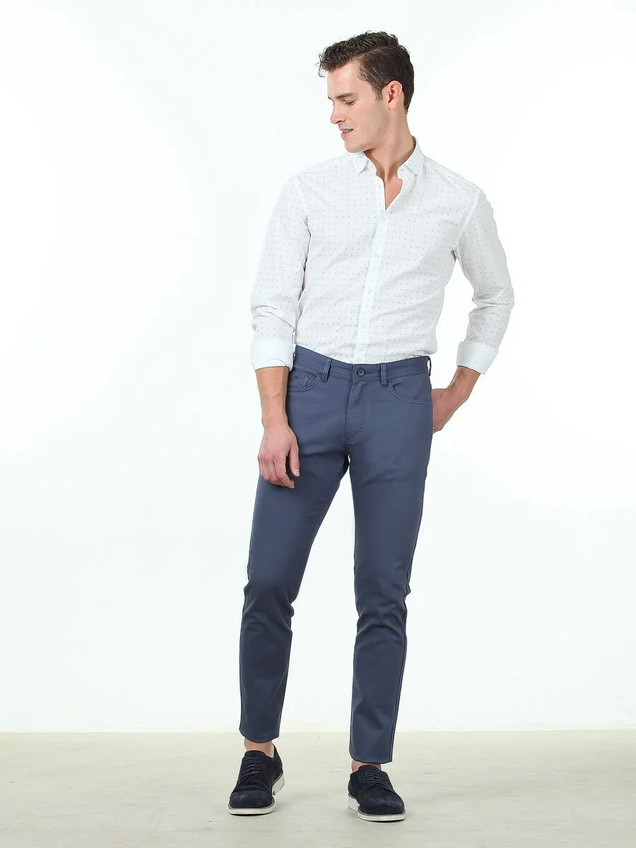 Light Blue Weaving Slim Fit Casual Cotton Blended Trousers - 2