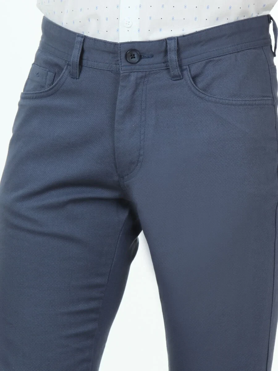 Light Blue Weaving Slim Fit Casual Cotton Blended Trousers - 3