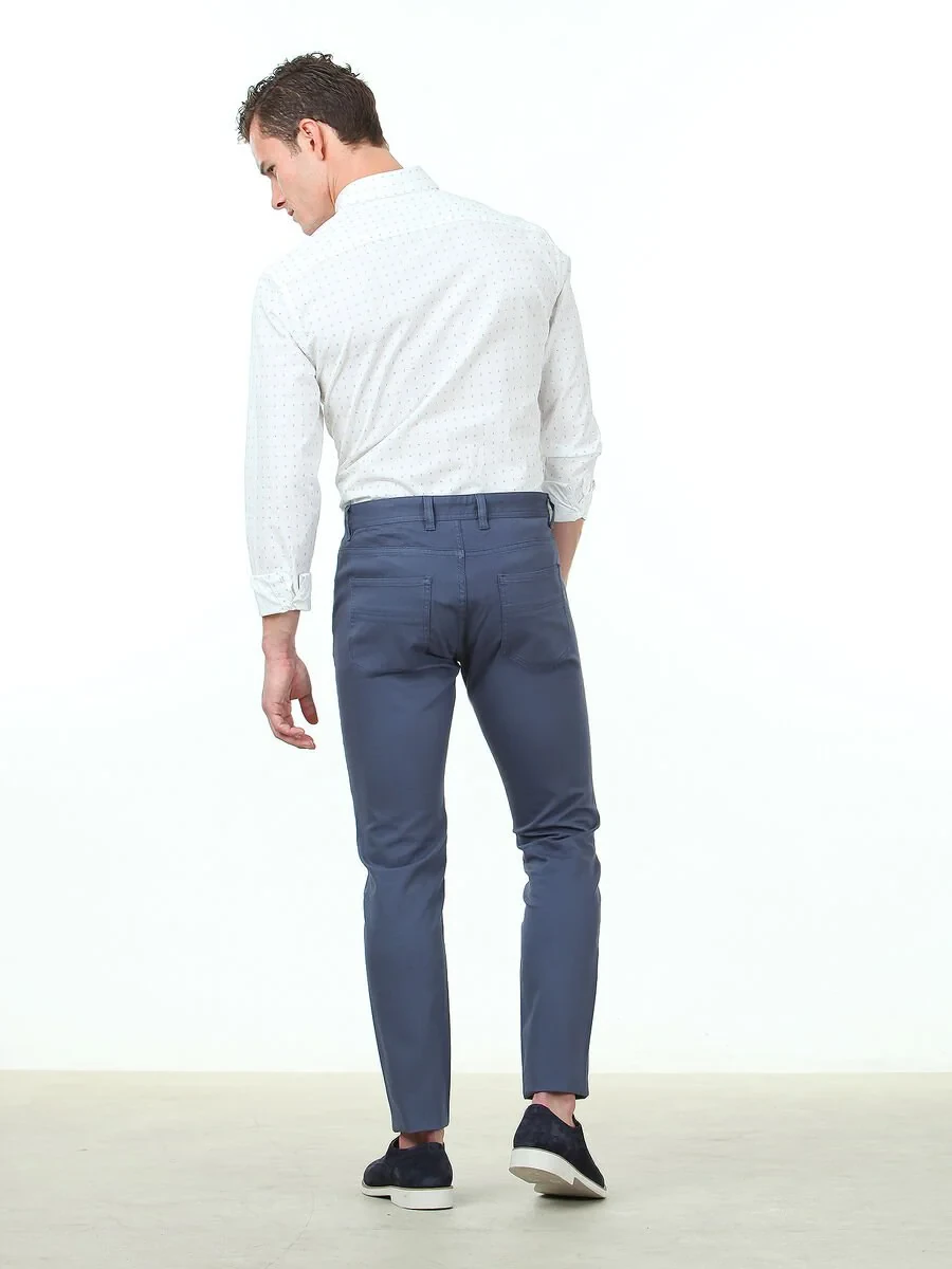Light Blue Weaving Slim Fit Casual Cotton Blended Trousers - 4