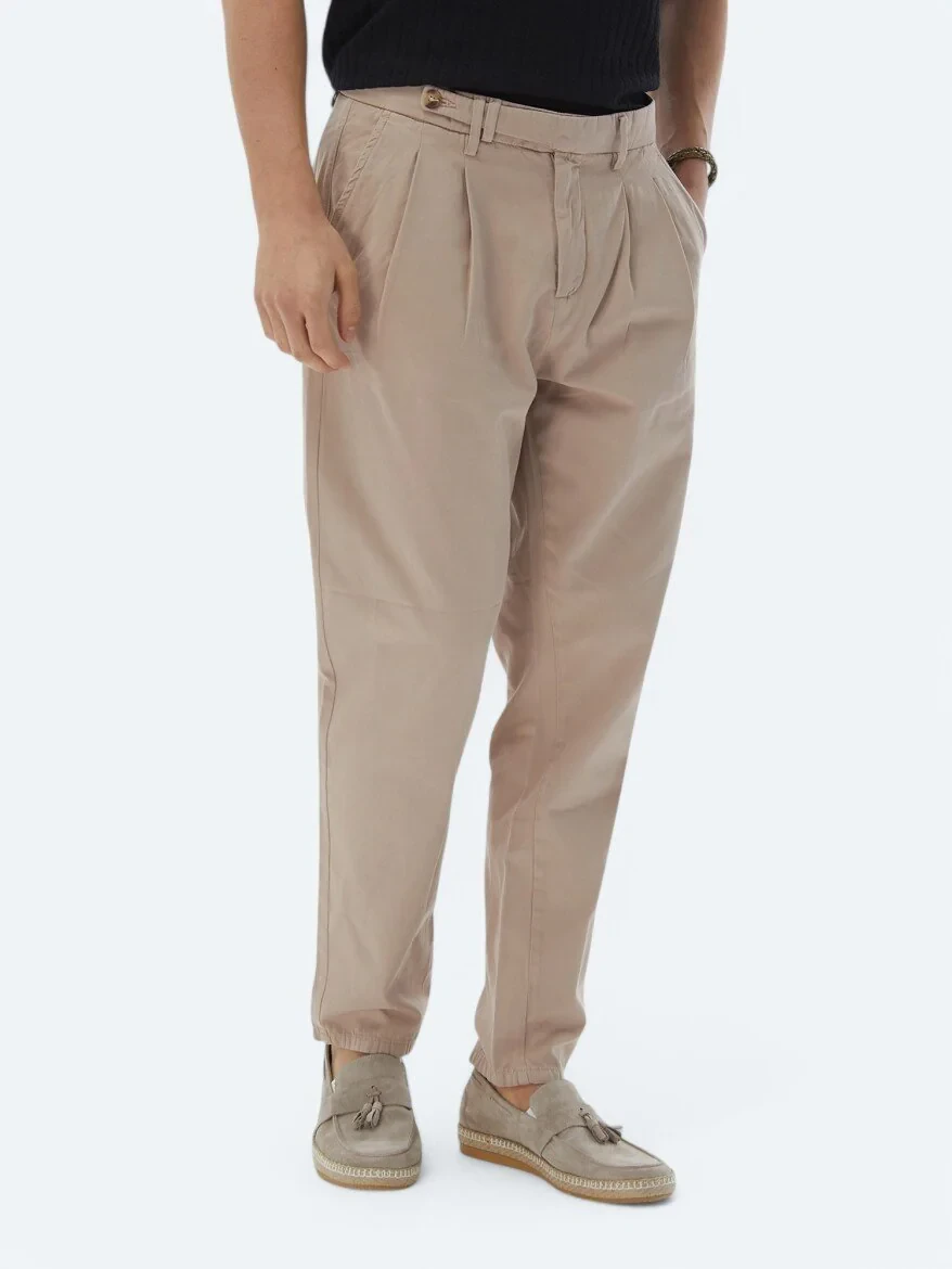 Light Brown Weaving Carrot Fit Smart Casual 100% Cotton Trousers 