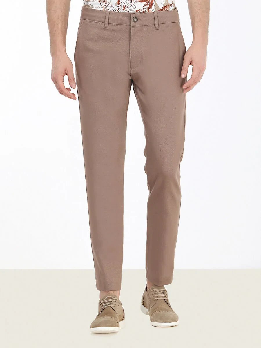 Light Brown Weaving Regular Fit Casual Cotton Blended Trousers - 1
