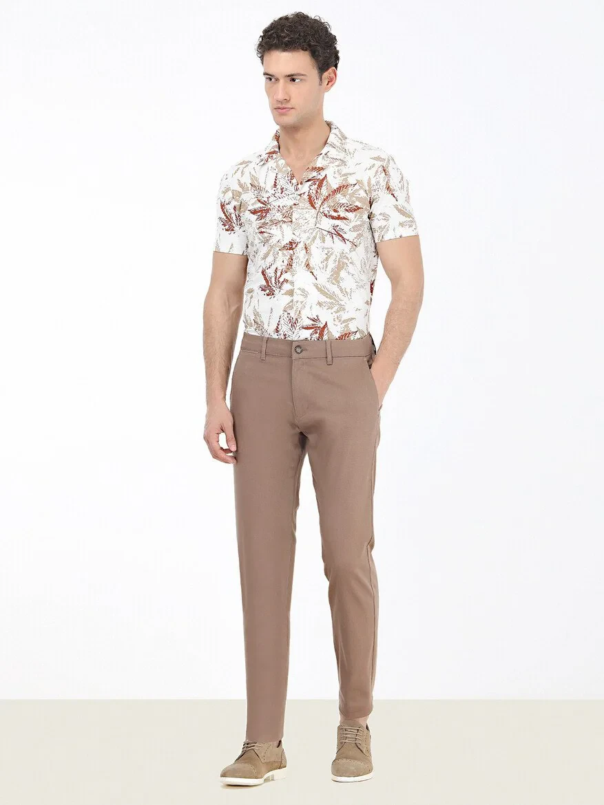 Light Brown Weaving Regular Fit Casual Cotton Blended Trousers - 2