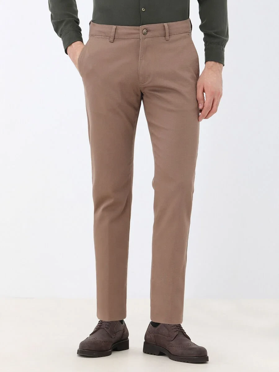 Light Brown Weaving Regular Fit Casual Cotton Blended Trousers - 1