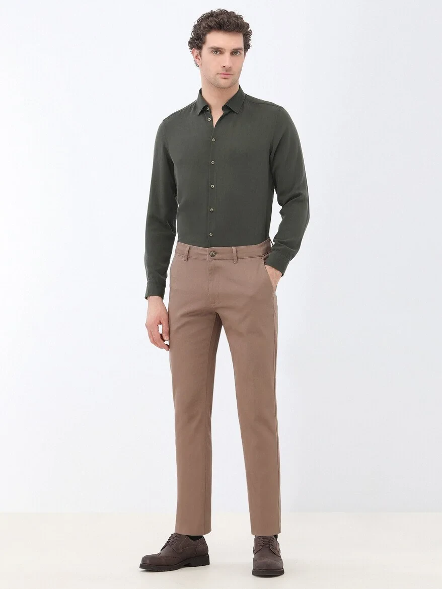 Light Brown Weaving Regular Fit Casual Cotton Blended Trousers - 2