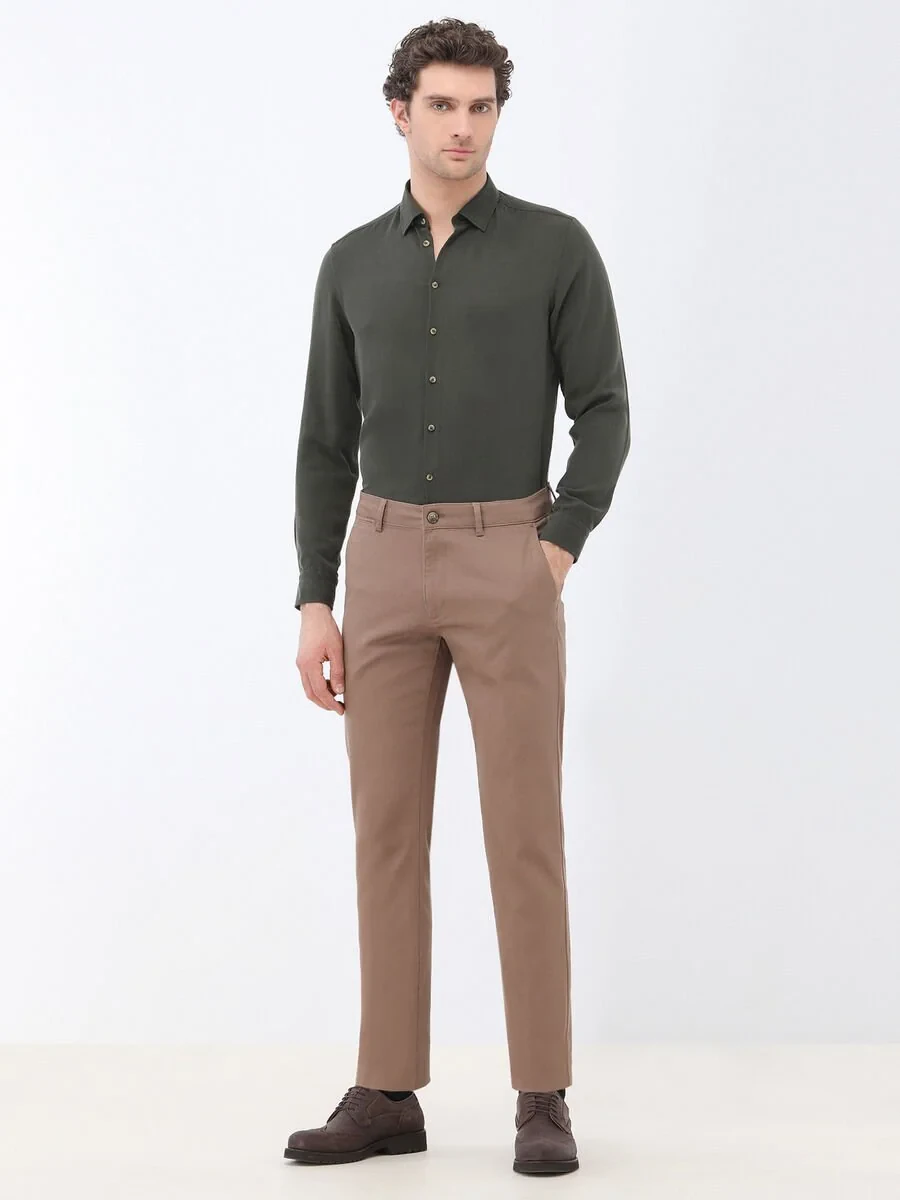 Light Brown Weaving Regular Fit Casual Cotton Blended Trousers - 2