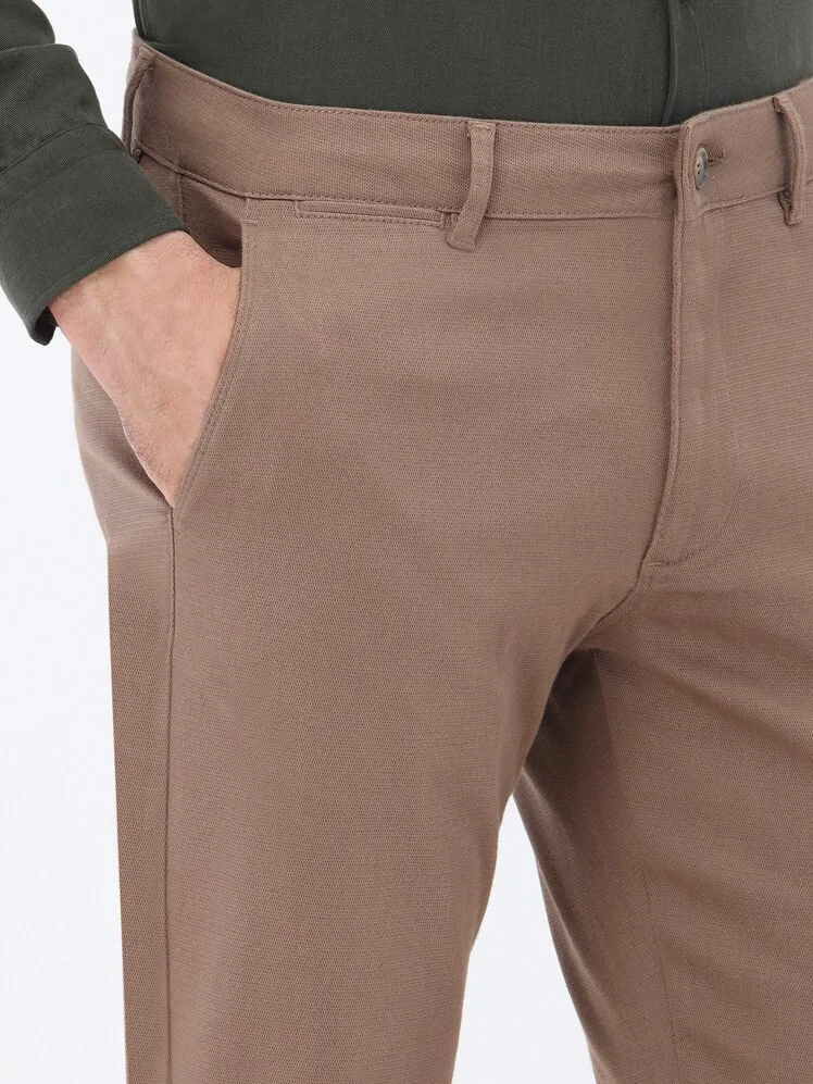 Light Brown Weaving Regular Fit Casual Cotton Blended Trousers - 3