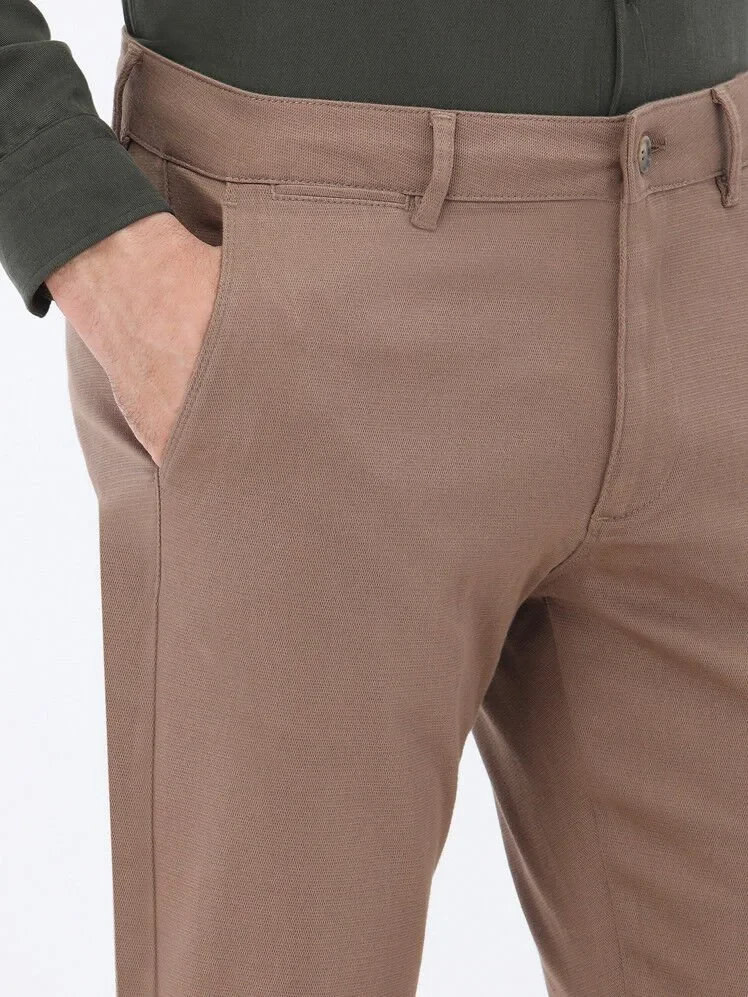 Light Brown Weaving Regular Fit Casual Cotton Blended Trousers - 3