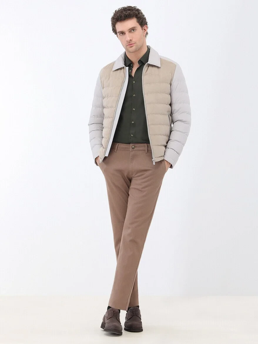 Light Brown Weaving Regular Fit Casual Cotton Blended Trousers 