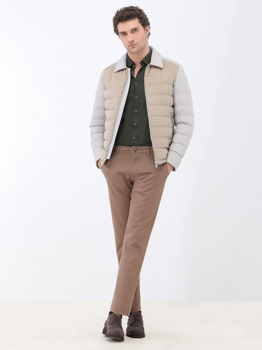 Light Brown Weaving Regular Fit Casual Cotton Blended Trousers - 4