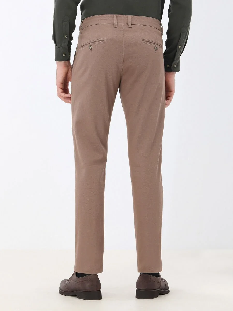 Light Brown Weaving Regular Fit Casual Cotton Blended Trousers - 5