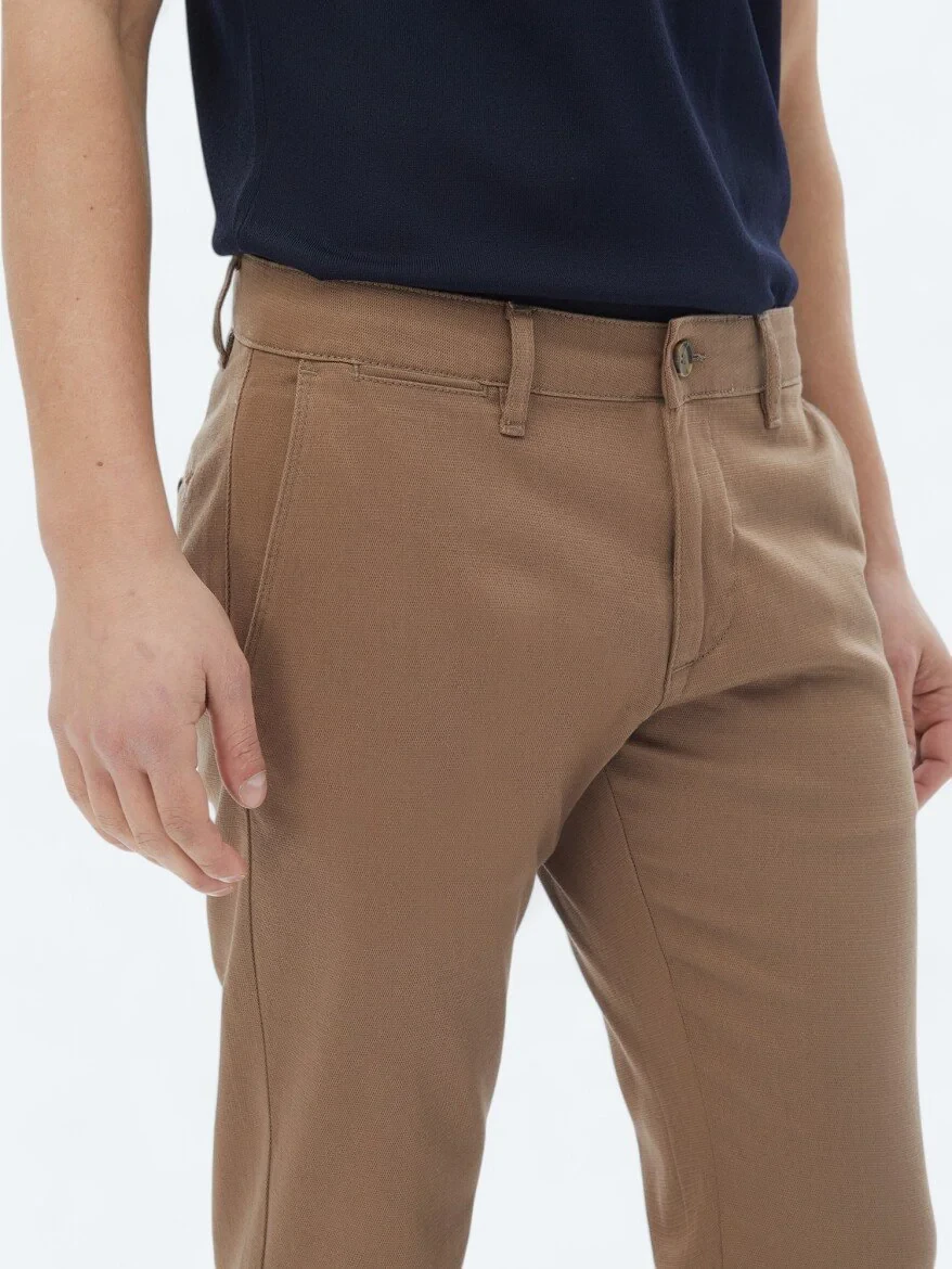 Light Brown Weaving Regular Fit Casual Cotton Blended Trousers 
