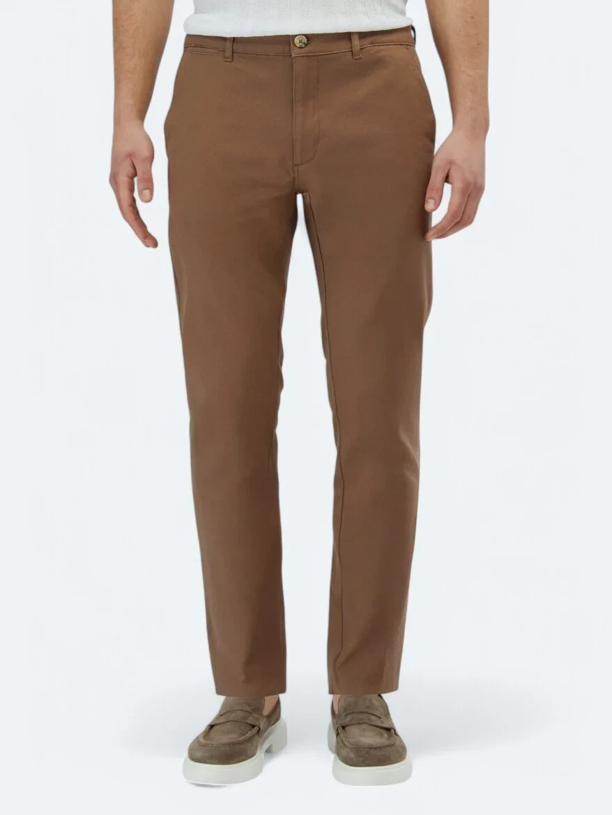 Light Brown Weaving Regular Fit Casual Cotton Blended Trousers - 2