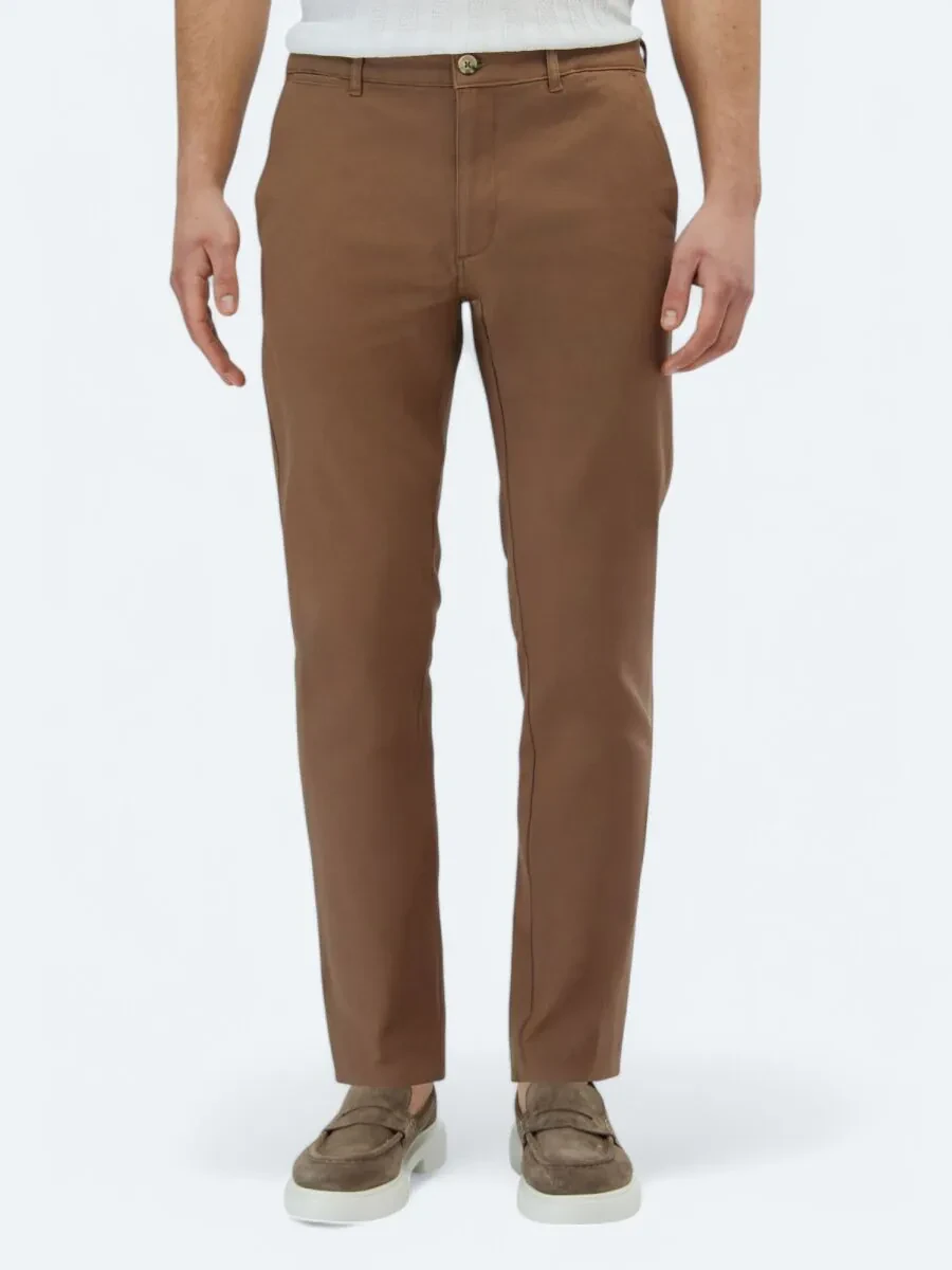 Light Brown Weaving Regular Fit Casual Cotton Blended Trousers - 2