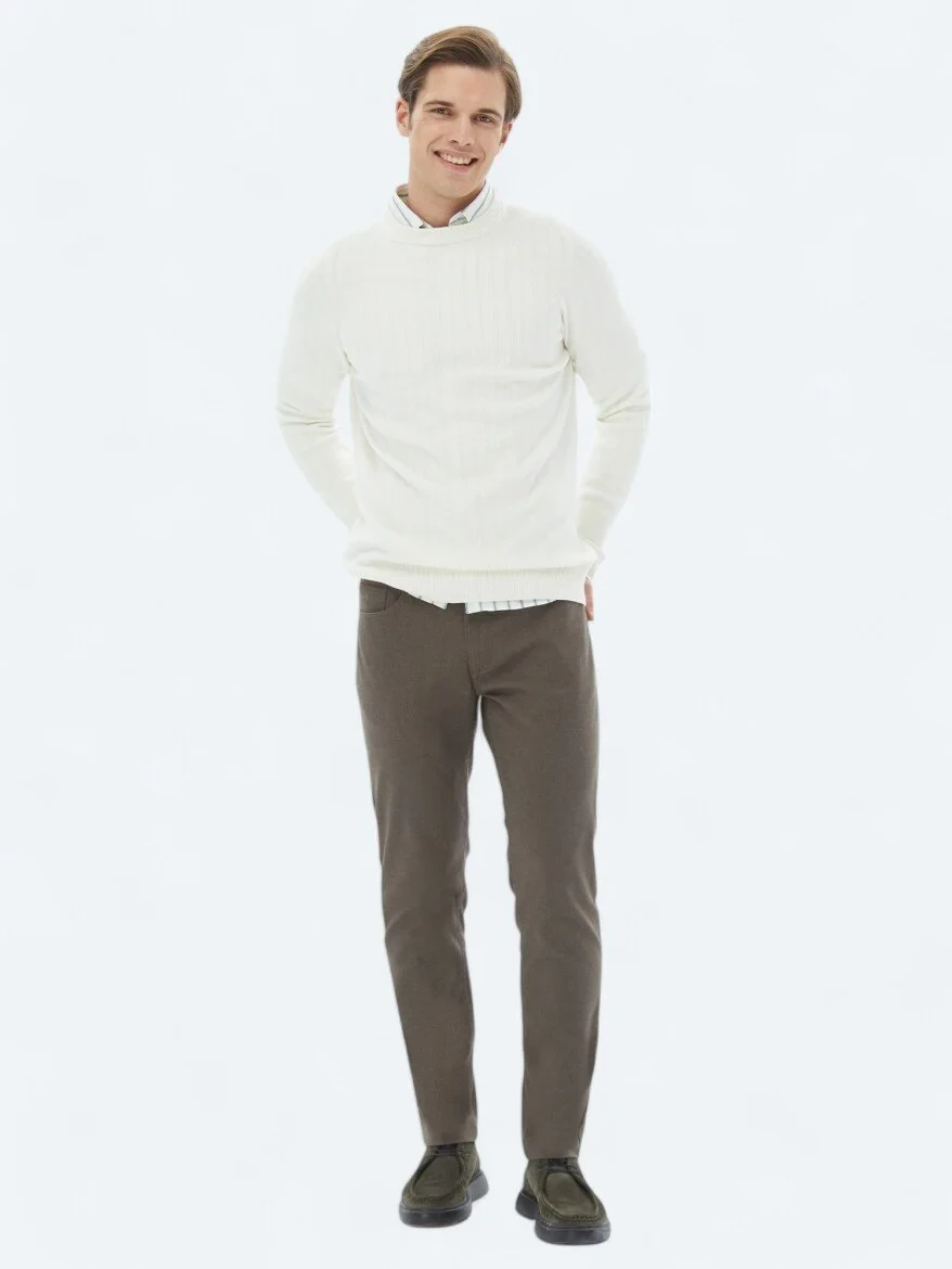 Light Brown Weaving Slim Fit Casual Cotton Blended Trousers - 1