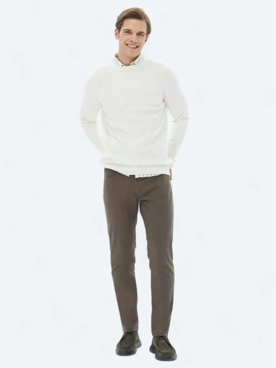 Light Brown Weaving Slim Fit Casual Cotton Blended Trousers - 1