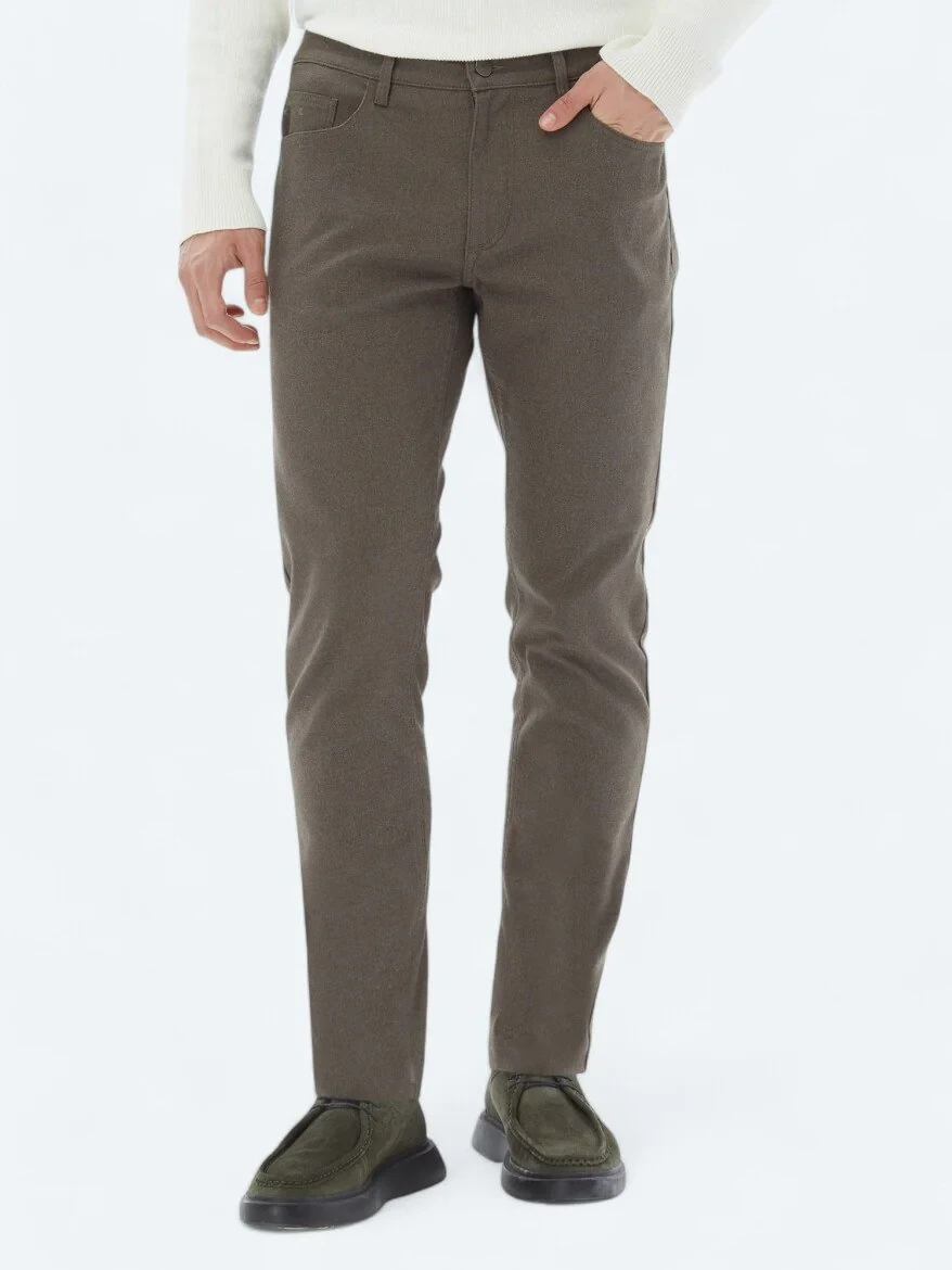 Light Brown Weaving Slim Fit Casual Cotton Blended Trousers - 2