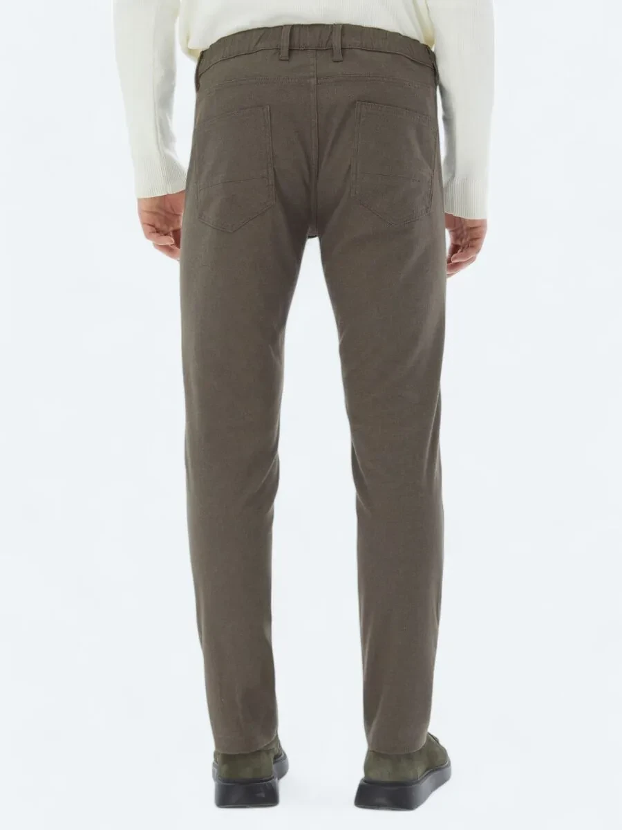 Light Brown Weaving Slim Fit Casual Cotton Blended Trousers - 5
