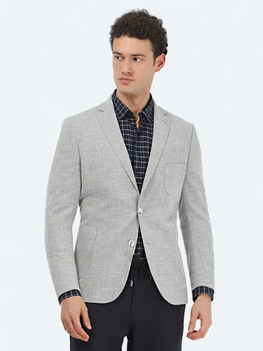 Light Grey Micro Regular Fit Cotton Blended Jacket - 1