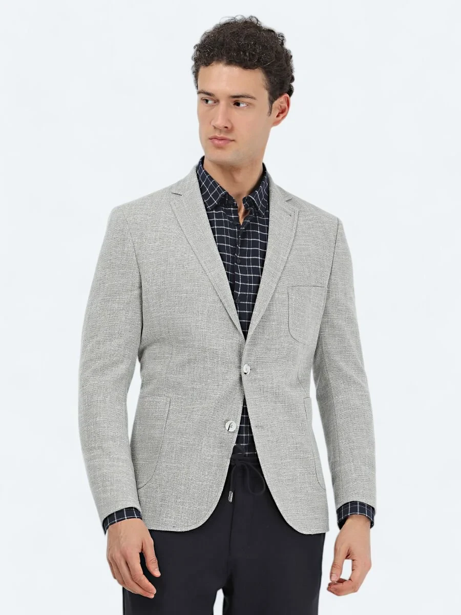 Light Grey Micro Regular Fit Cotton Blended Jacket - 1