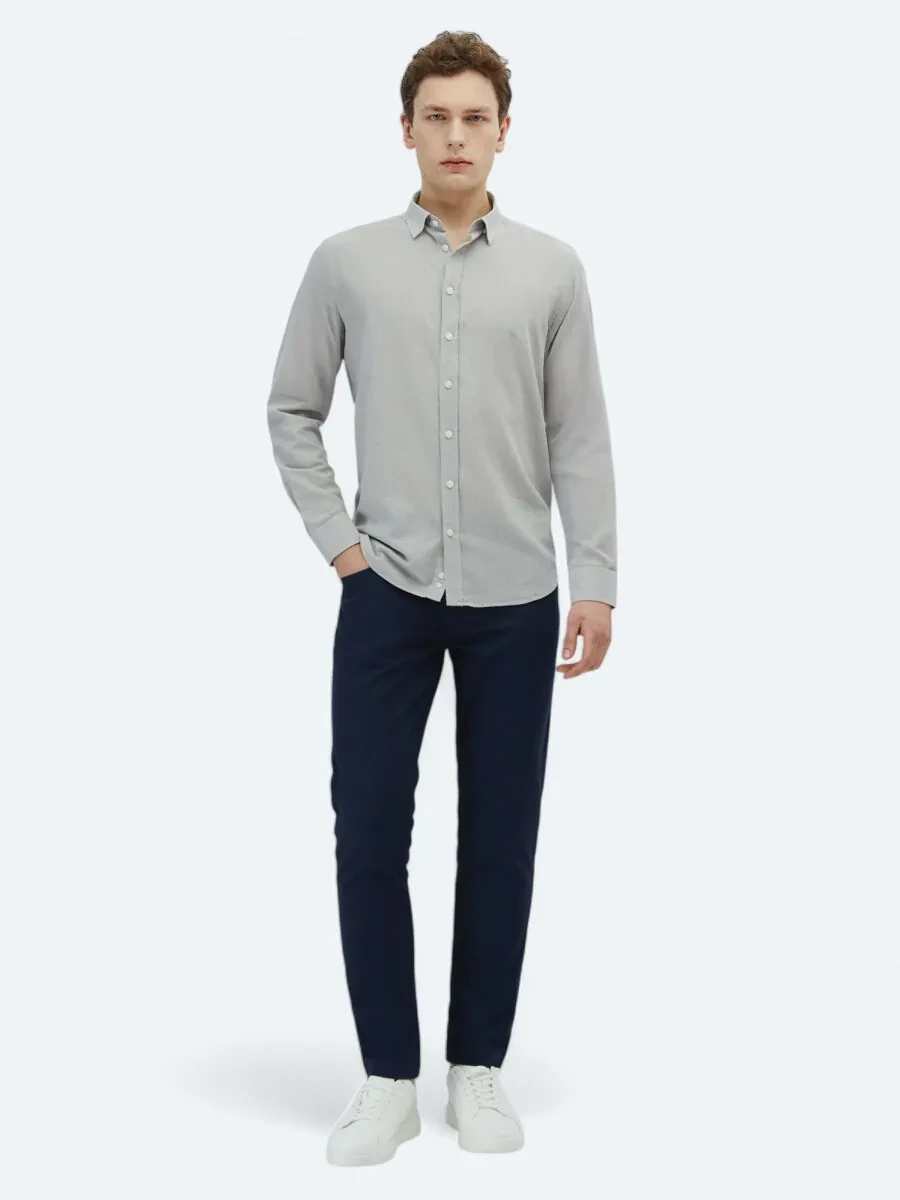 Light Grey Plain Weaving Casual 100% Cotton Shirt - 2