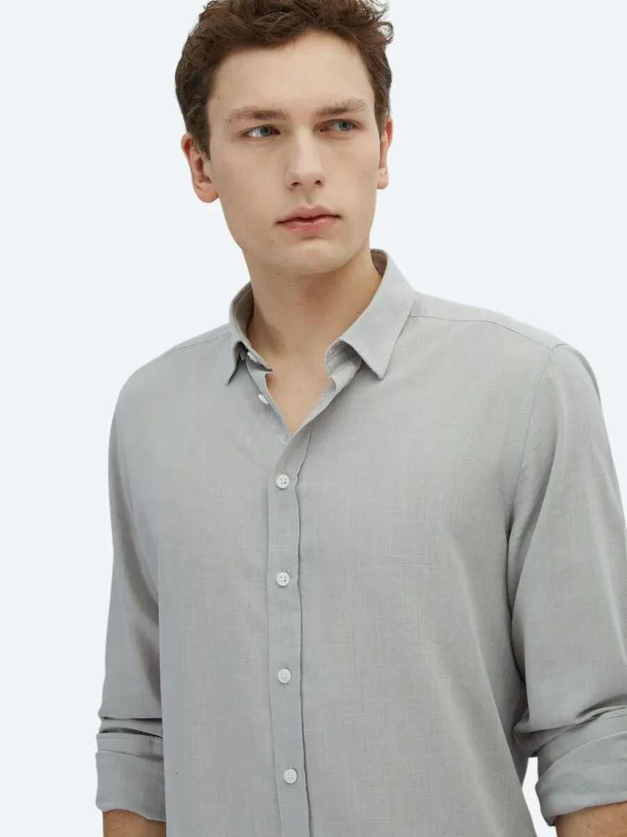 Light Grey Plain Weaving Casual 100% Cotton Shirt - 3