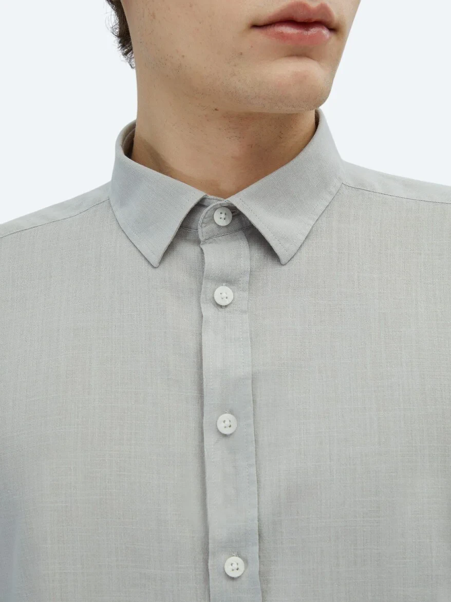 Light Grey Plain Weaving Casual 100% Cotton Shirt - 4