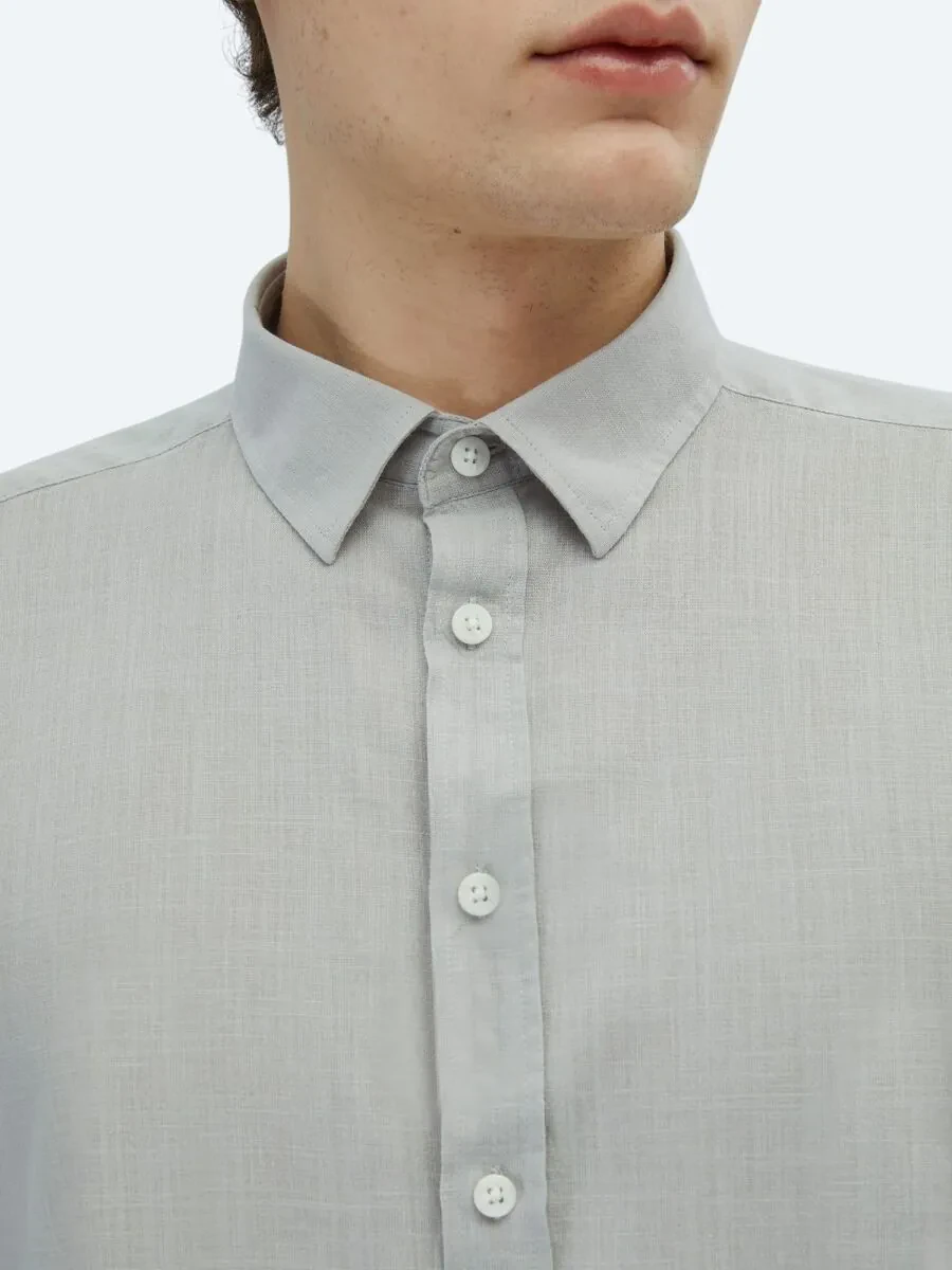 Light Grey Plain Weaving Casual 100% Cotton Shirt - 4