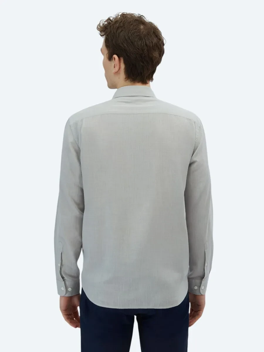 Light Grey Plain Weaving Casual 100% Cotton Shirt - 5