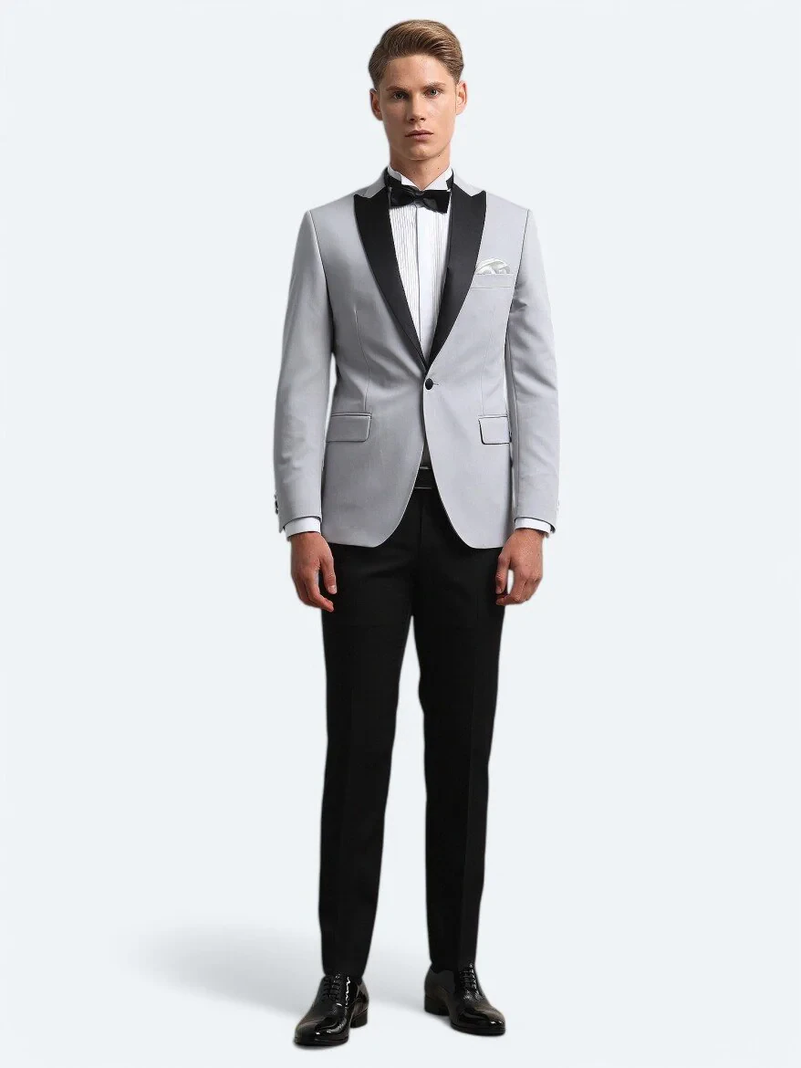 Light Grey Slim Fit Butterfly Collar Weaving Tuxedo - 1