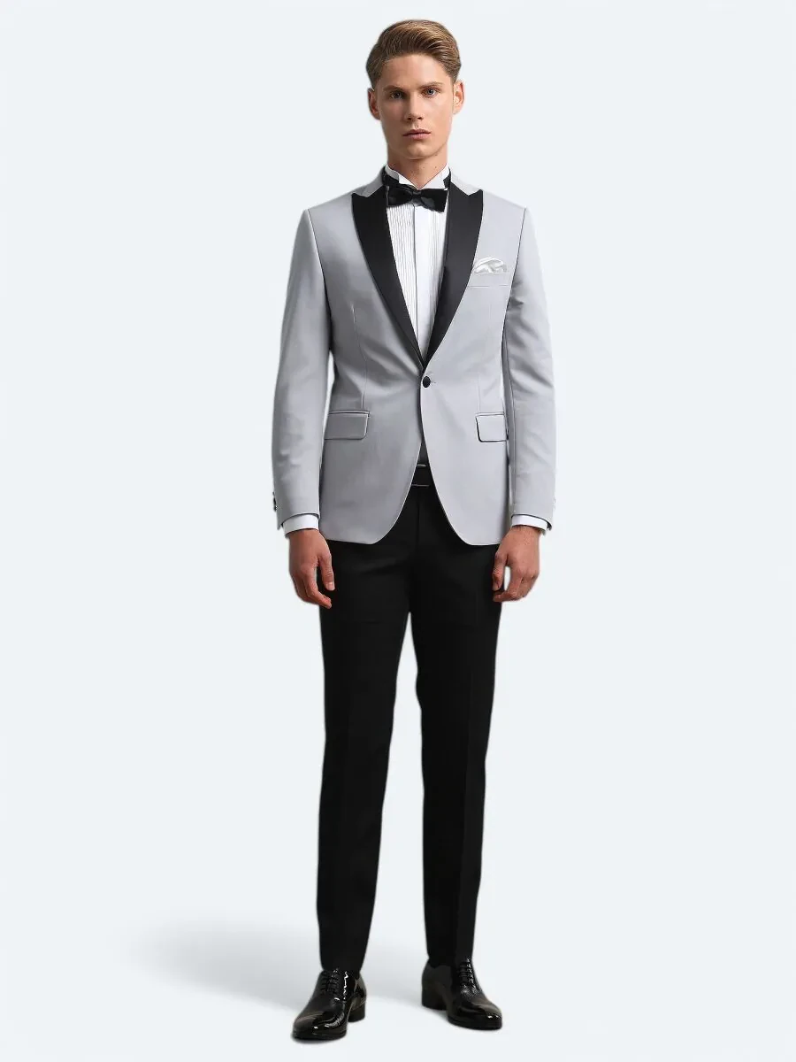 Light Grey Slim Fit Butterfly Collar Weaving Tuxedo - 1