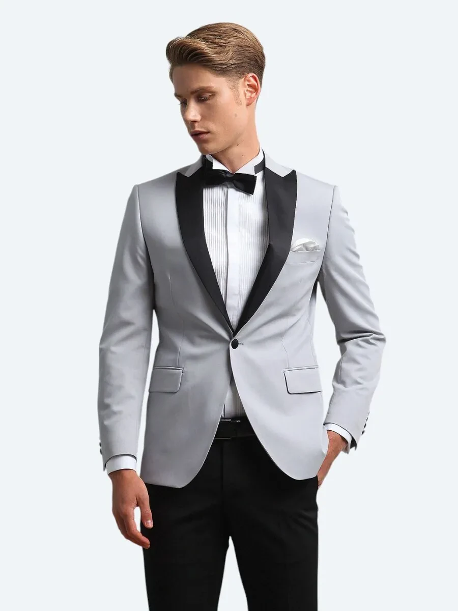 Light Grey Slim Fit Butterfly Collar Weaving Tuxedo - 2