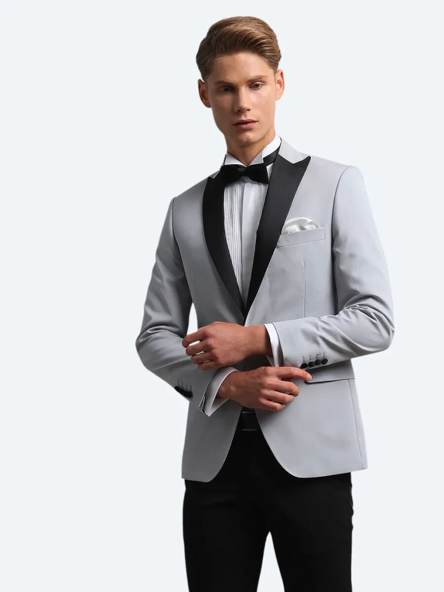 Light Grey Slim Fit Butterfly Collar Weaving Tuxedo - 4